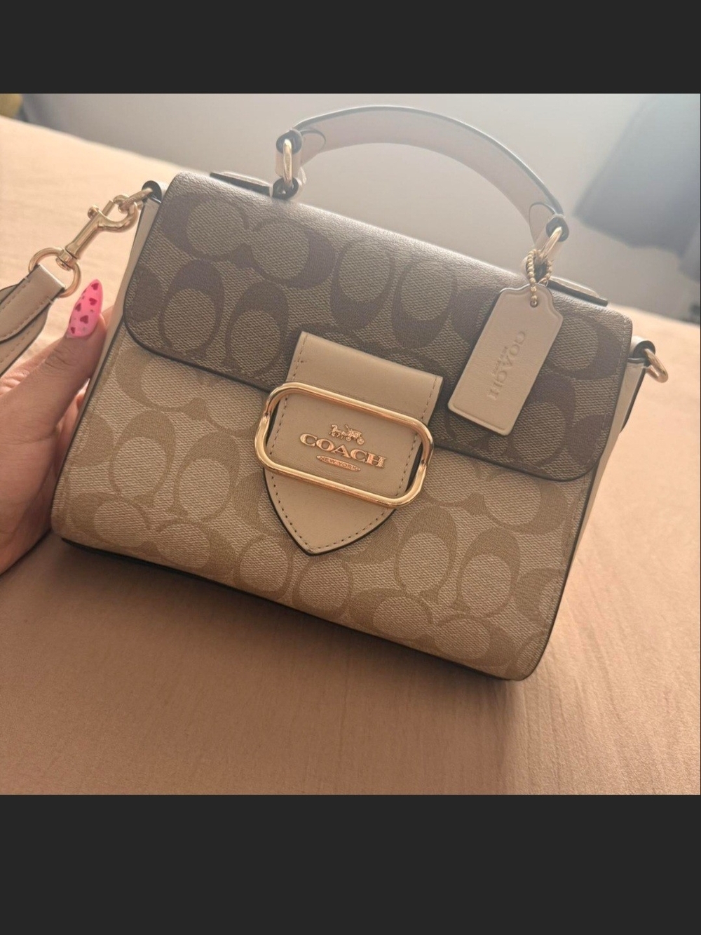 Coach Morgan Brown Tan Cream Signature Canvas Top Handle Satchel Gold Hardware
